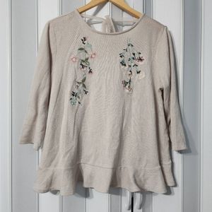 LC Peplum Sweater with tye and embroidered flowers Sz L